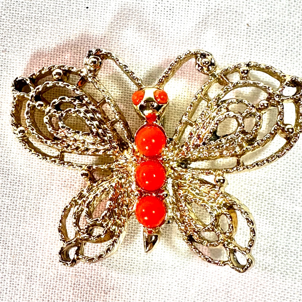 Vintage Gold Filigree Butterfly Brooch Pin Orange Accents